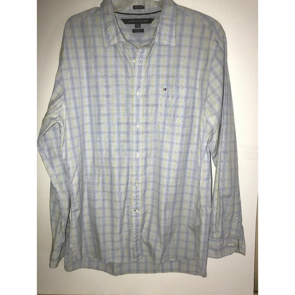 tommy hilfiger mens‎ xl blue plaid retro button front shirt